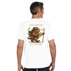 Man wearing a white Life is Better Outdoors t-shirt with a bear graphic and text on the back, on a white background