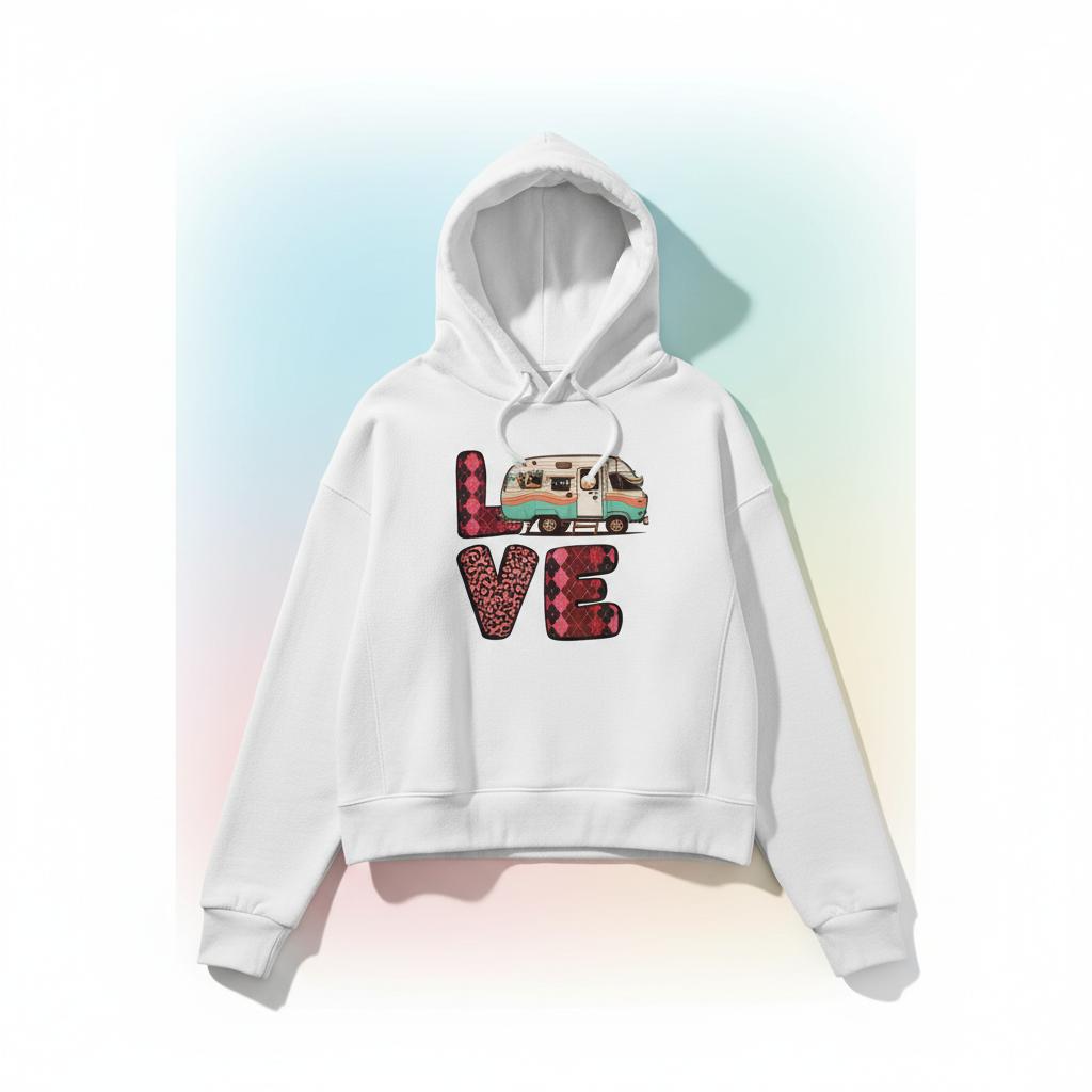 White hoodie with 'LOVE' graphic design from the Love Collection on a gradient background