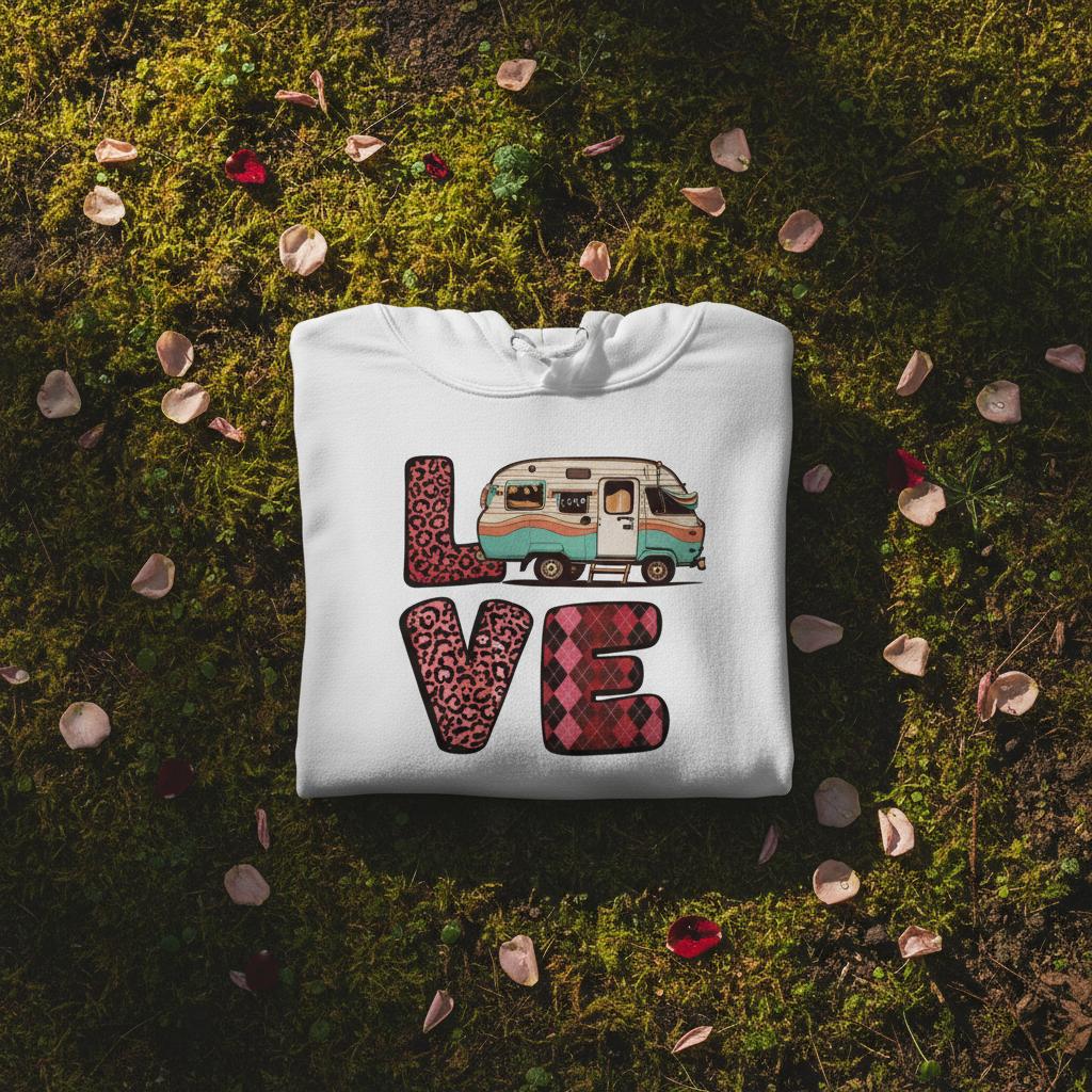 White sweatshirt with a camper design and 'LOVE' text from the Love Collection on a grassy background with flower petals.