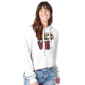 Woman wearing a white hoodie with a colorful Love design from the Love Collection on a white background