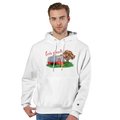 Man wearing a white hoodie from the Love Collection with a graphic design on a white background