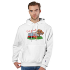Man wearing a white hoodie from the Love Collection with a graphic design on a white background