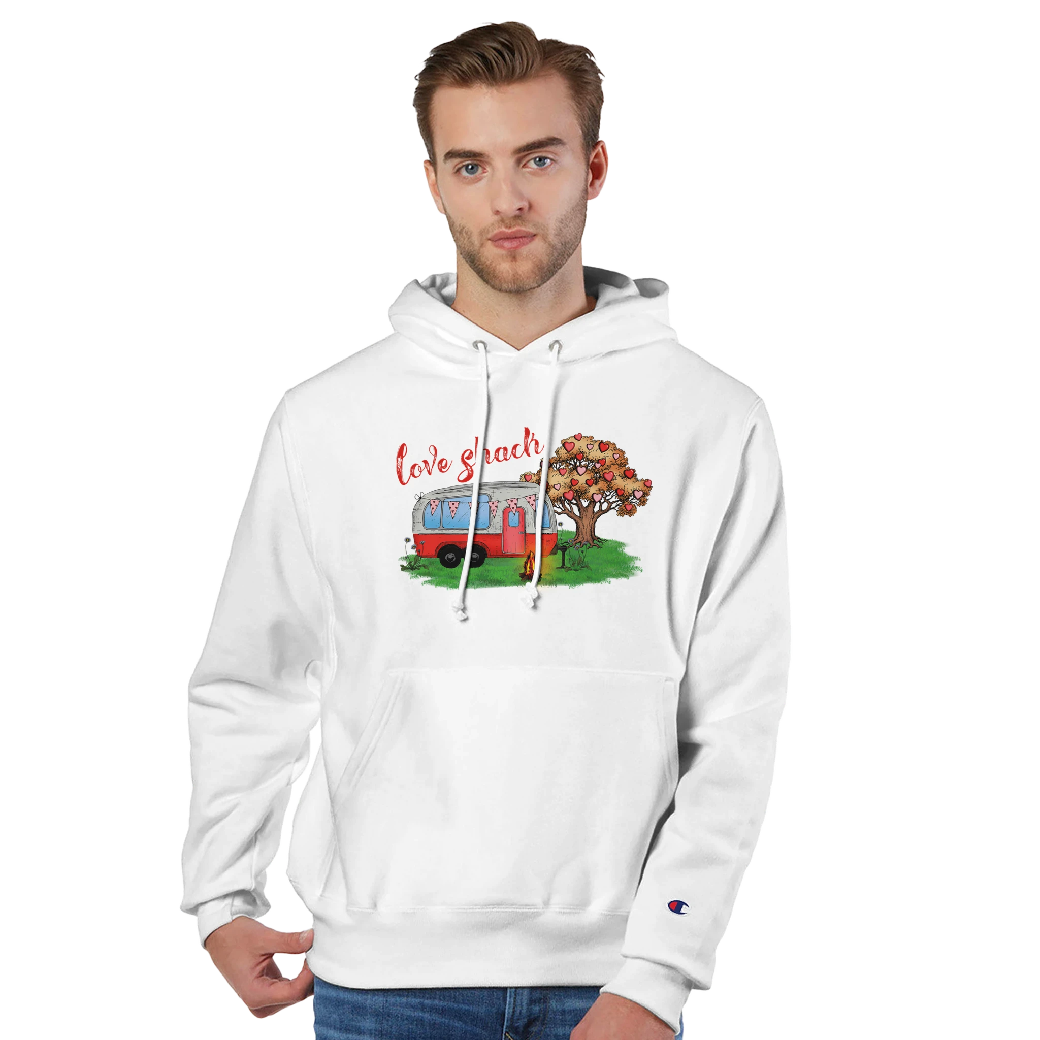 Man wearing a white hoodie from the Love Collection with a graphic design on a white background