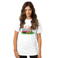 Woman wearing a white t-shirt from the Love Collection with a graphic design on a white background