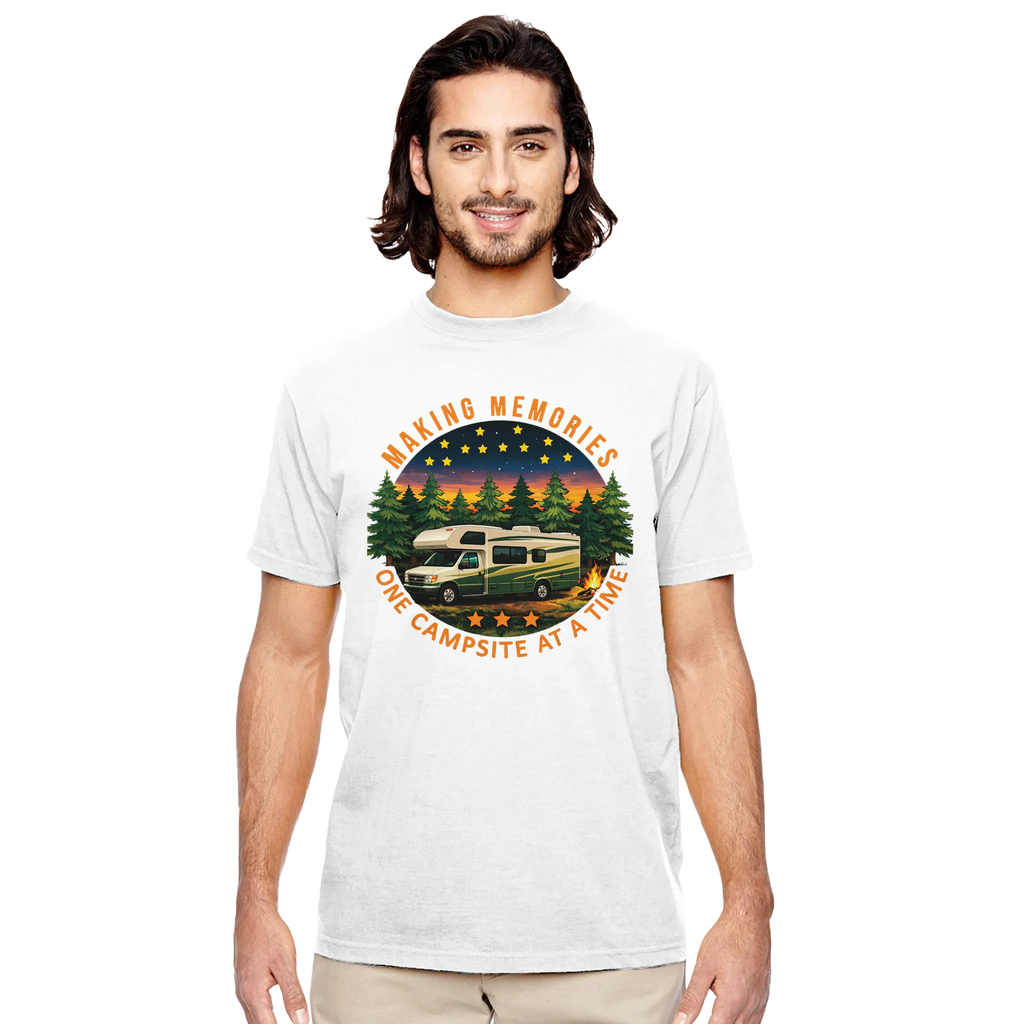 Man wearing a white t-shirt with a camping graphic and text on a white background