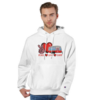 Man wearing a white hoodie from the Love Collection with a graphic design on a white background