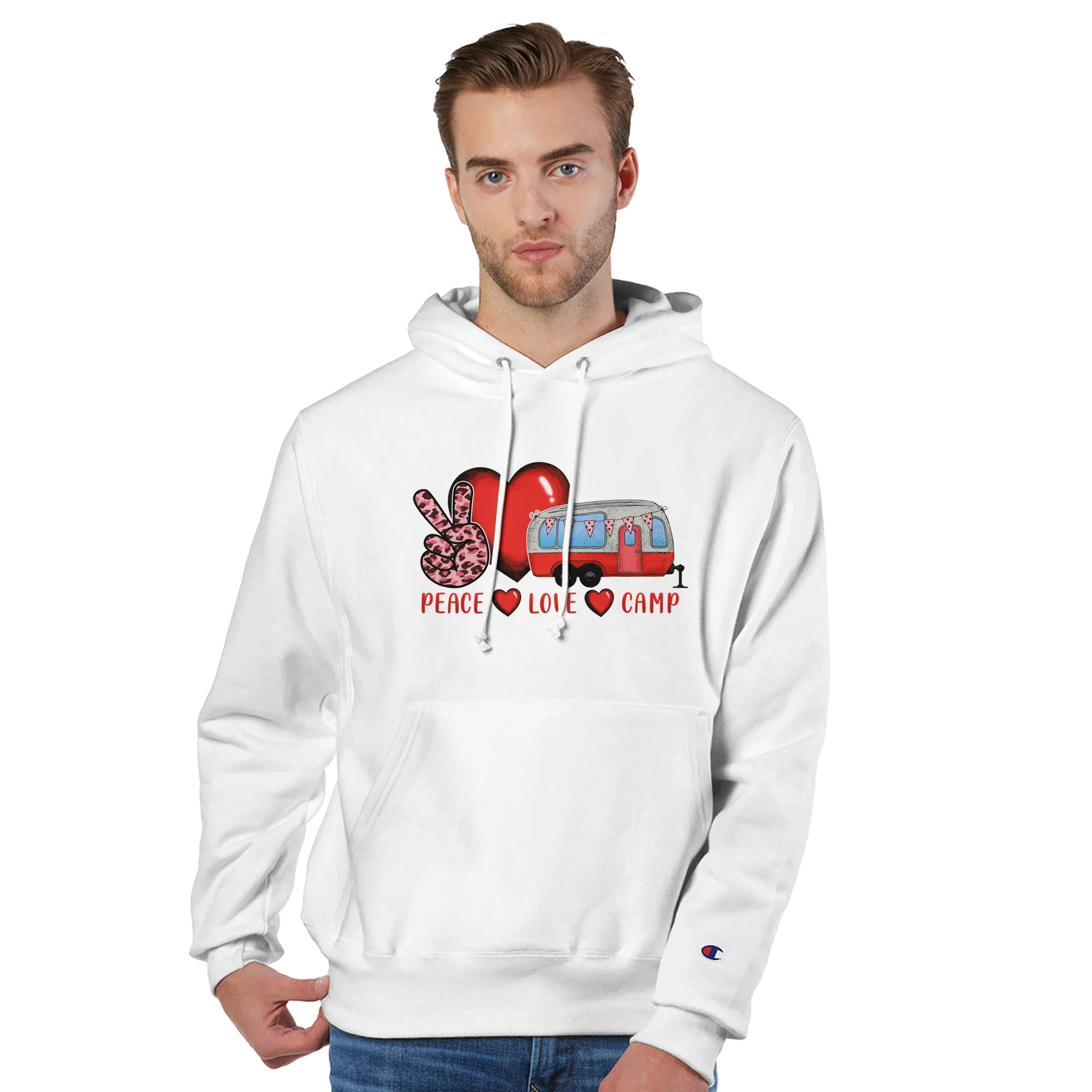 Man wearing a white hoodie from the Love Collection with a graphic design on a white background