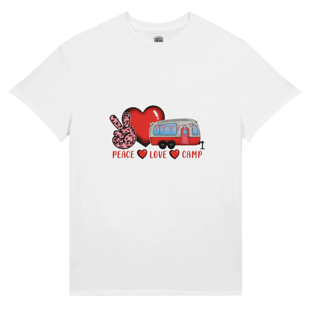 White t-shirt with a graphic design of a heart, peace sign, and camper with 'Peace Love Camp' text on a white background.