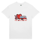 White t-shirt with a graphic design of a heart, peace sign, and camper with 'Peace Love Camp' text on a white background.