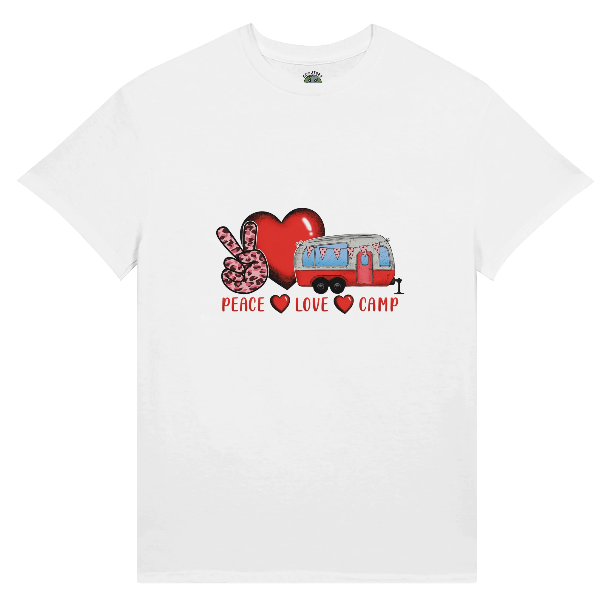 White t-shirt with a graphic design of a heart, peace sign, and camper with 'Peace Love Camp' text on a white background.