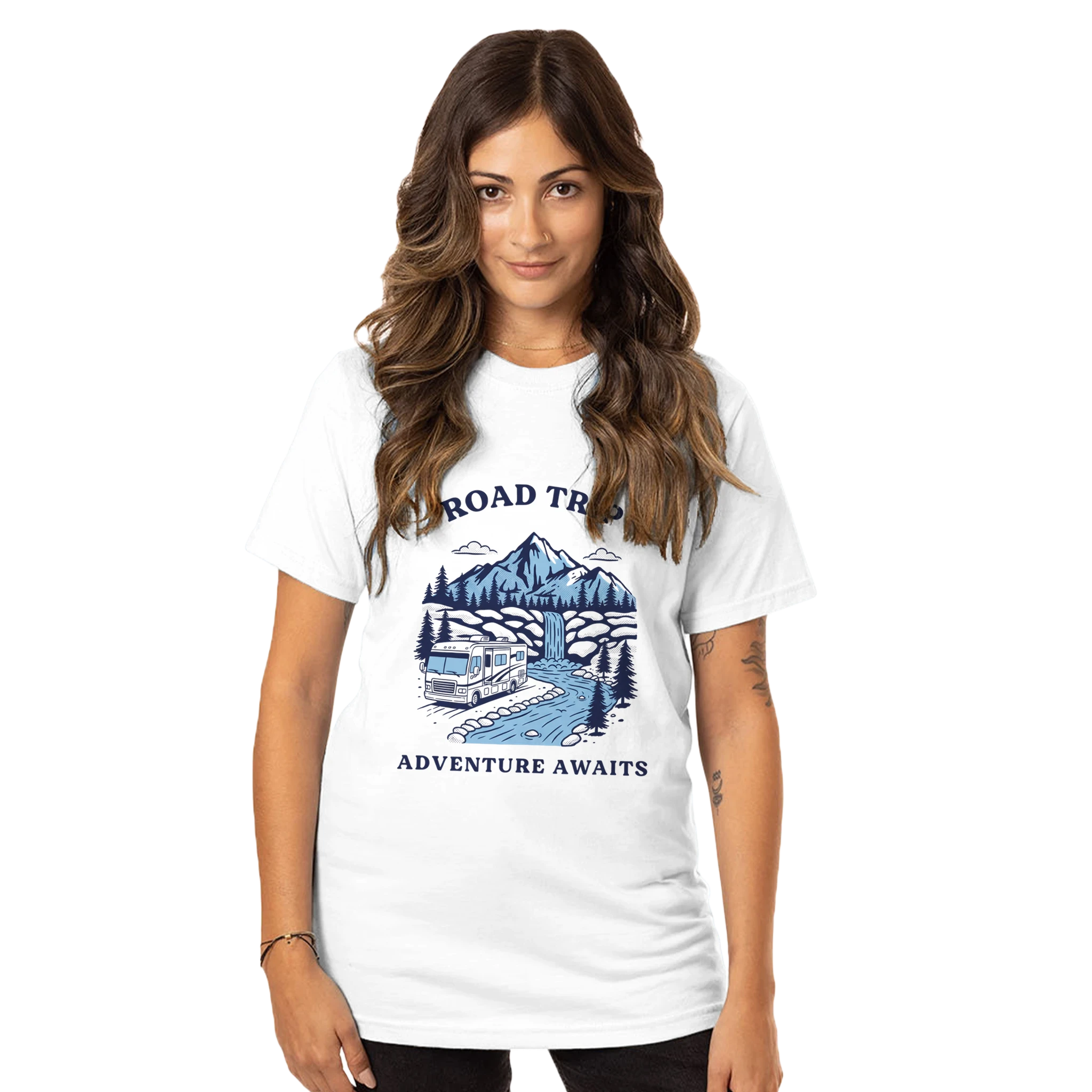 Woman wearing a white t-shirt with a Road Trip Adventure graphic design and text on a white background