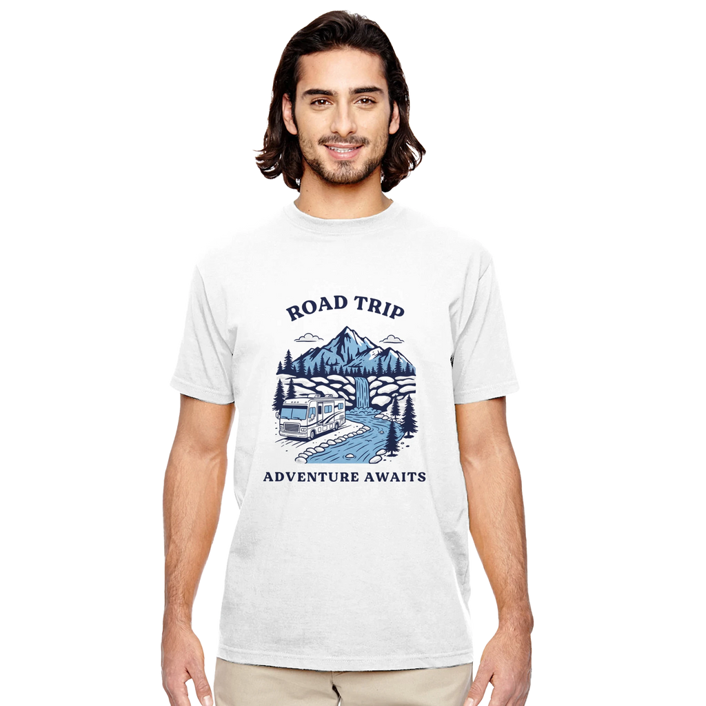Man wearing a white t-shirt with 'Road Trip Adventure Awaits' graphic design on a white background