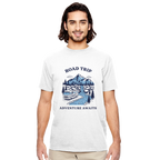 Man wearing a white t-shirt with 'Road Trip Adventure Awaits' graphic design on a white background