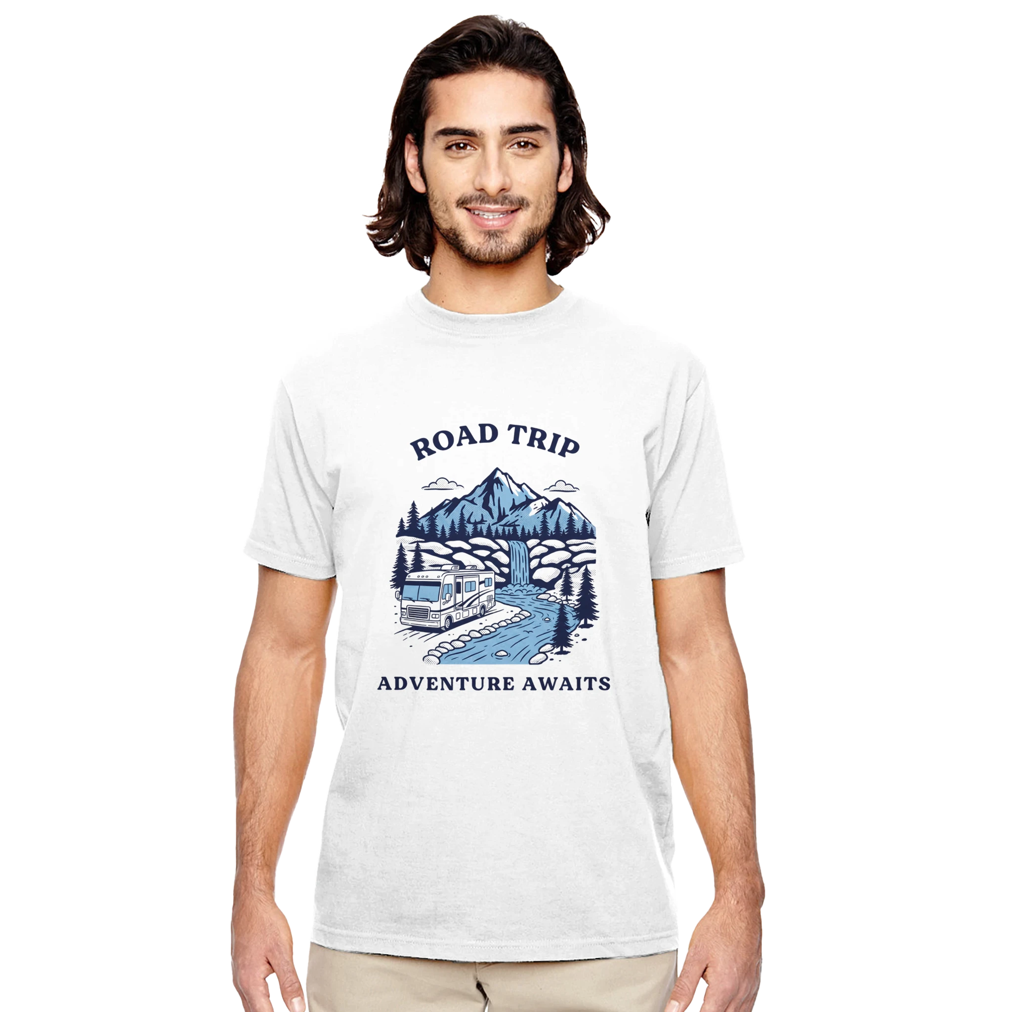 Man wearing a white t-shirt with 'Road Trip Adventure Awaits' graphic design on a white background