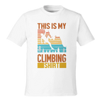 White t-shirt with climbing graphic and text on a white background