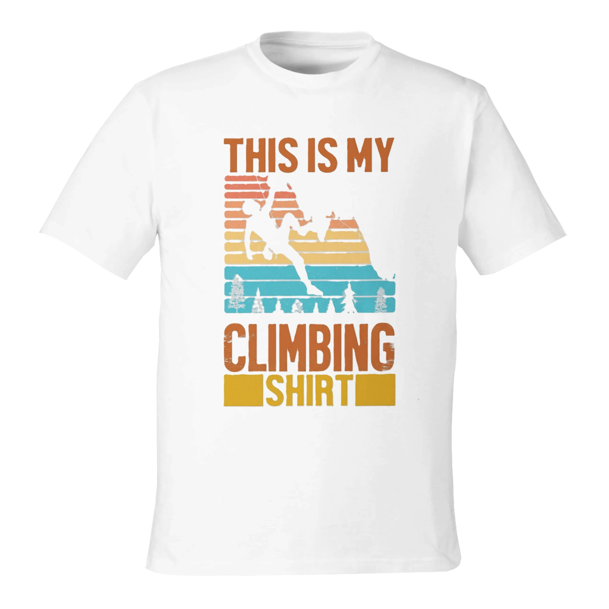 White t-shirt with climbing graphic and text on a white background