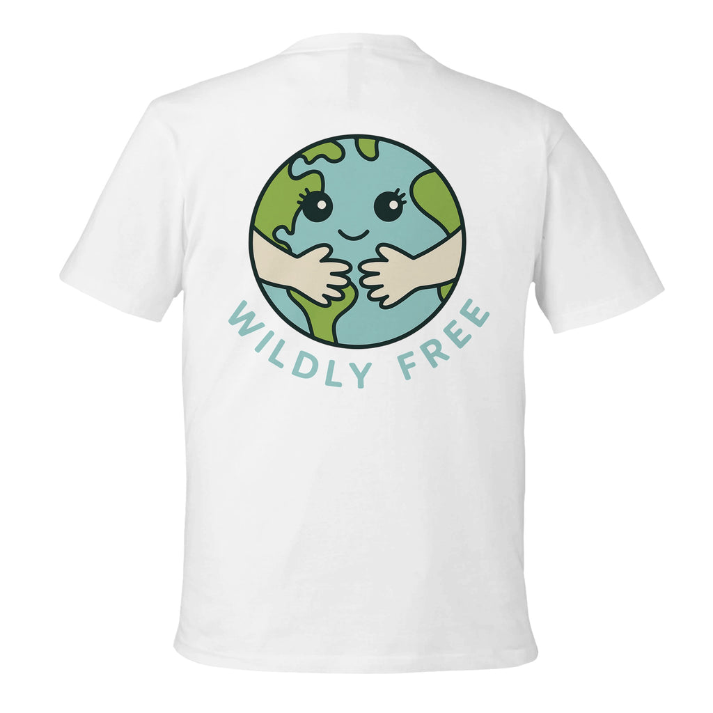 White t-shirt with a graphic of a smiling Earth being held by two hands and the text 'Wildly Free' on a white background.