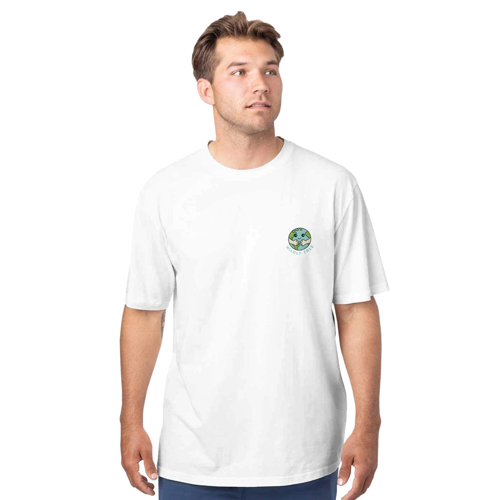 Man wearing a white t-shirt with a logo on a white background