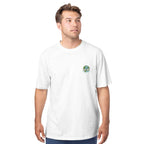 Man wearing a white t-shirt with a logo on a white background