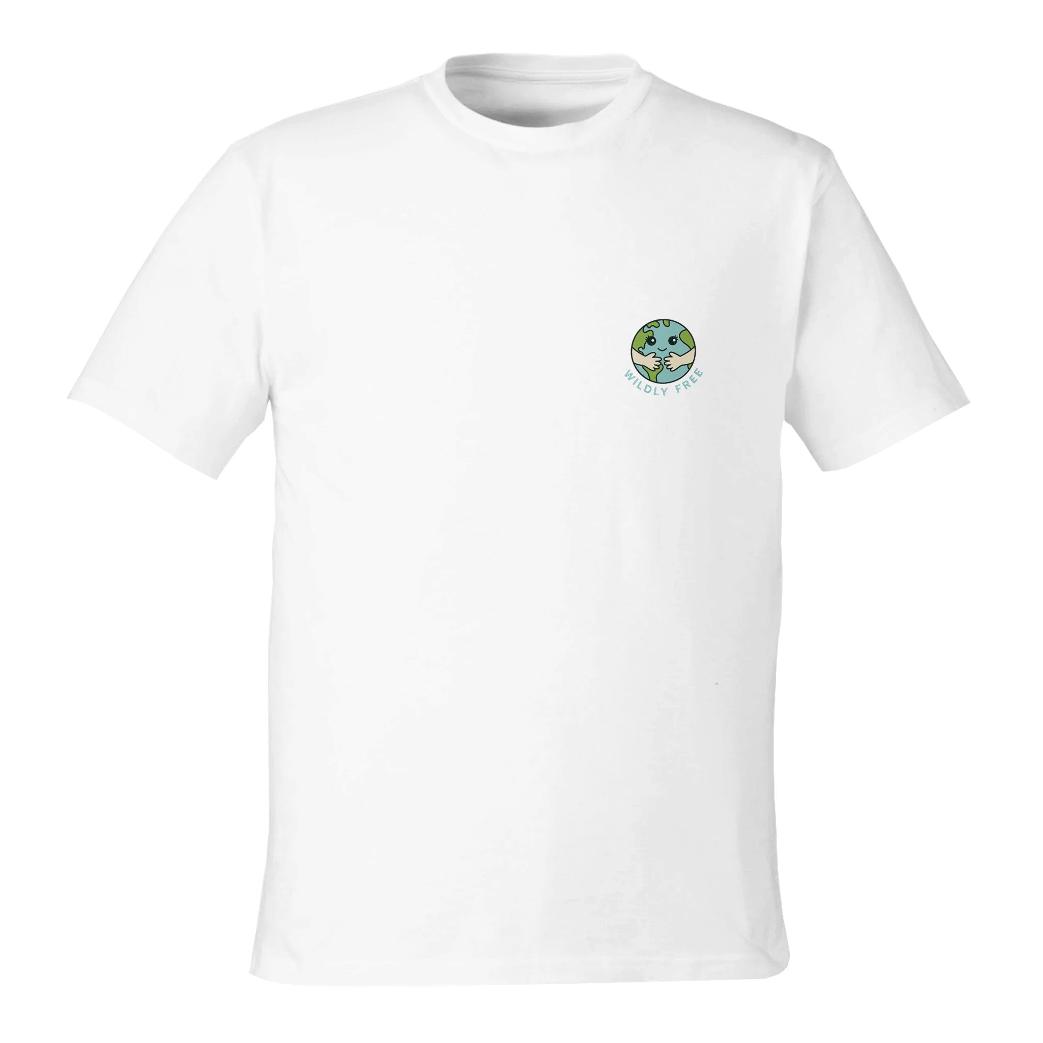 White t-shirt with a small Wildly Free  logo on the chest against a white background