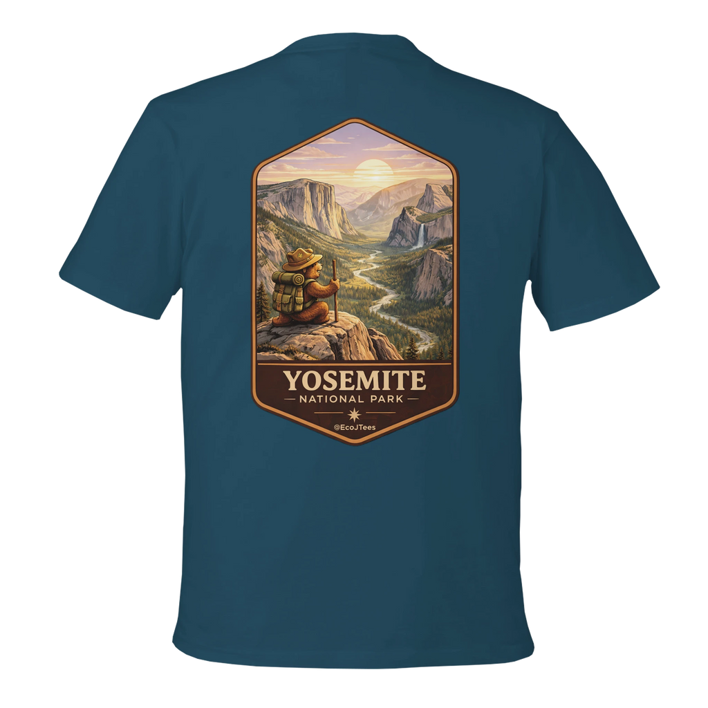 Teal t-shirt with Yosemite National Park graphic on a white background