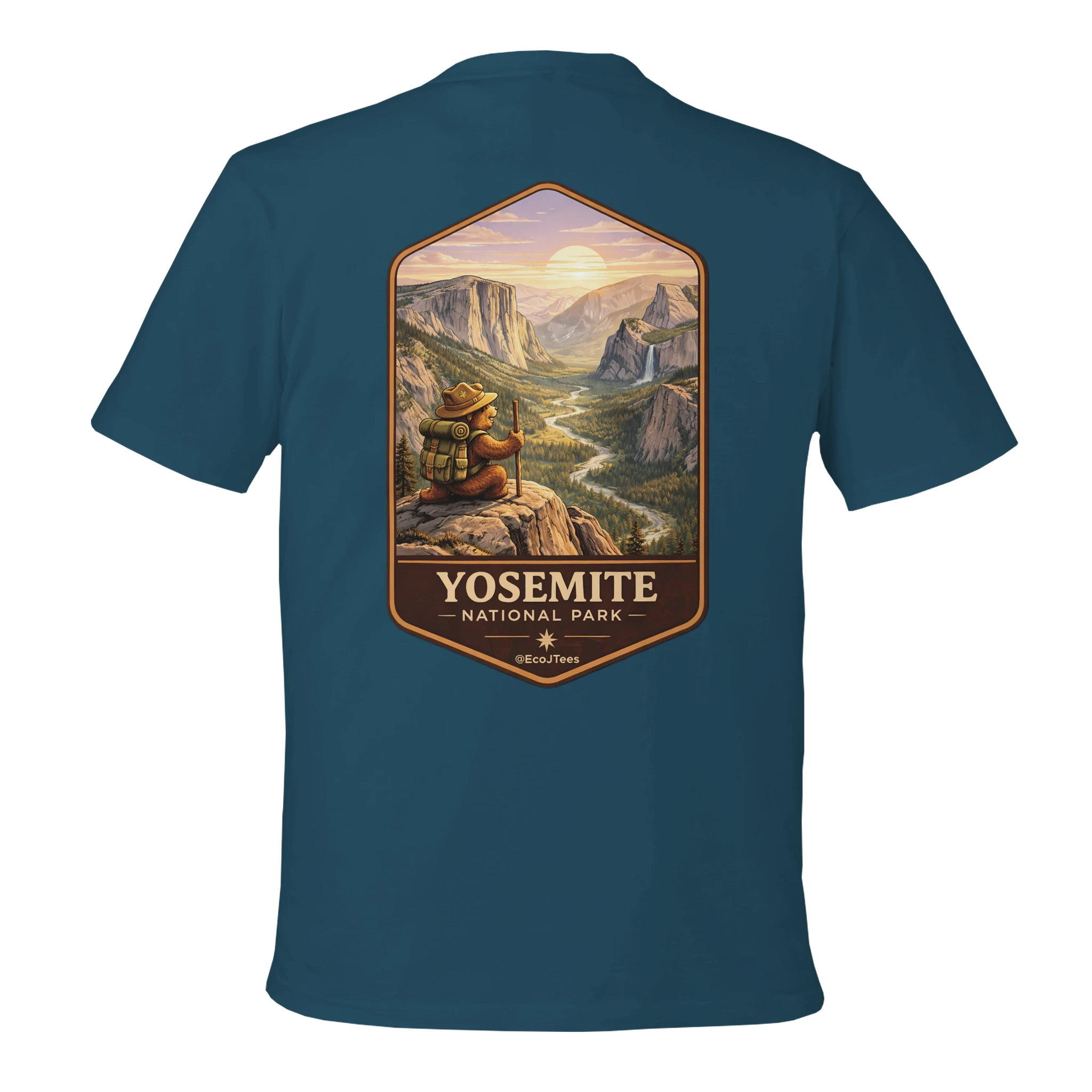Teal t-shirt with Yosemite National Park graphic on a white background