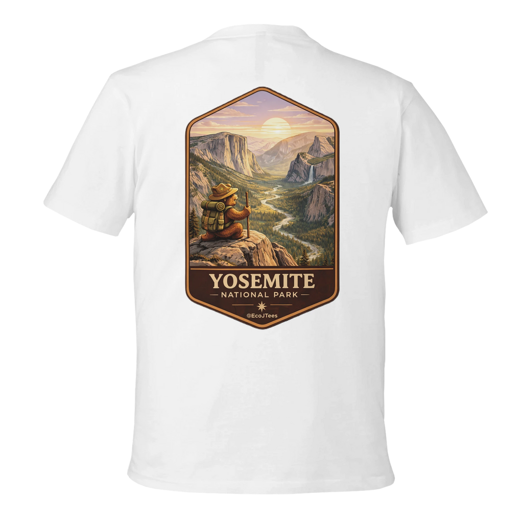 White t-shirt with Yosemite National Park graphic on a white background