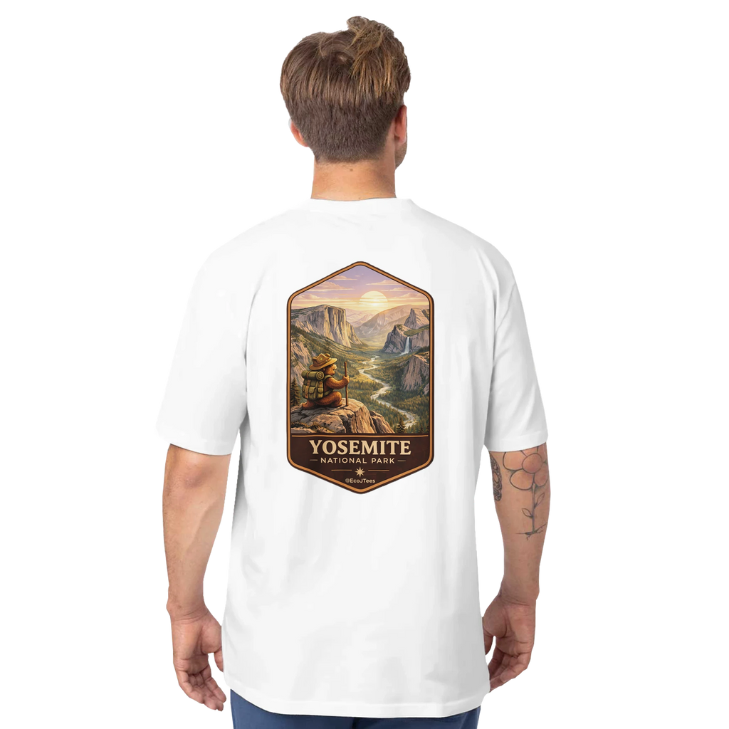 Person wearing a white t-shirt with Yosemite National Park graphic on the back