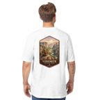 Person wearing a white t-shirt with Yosemite National Park graphic on the back