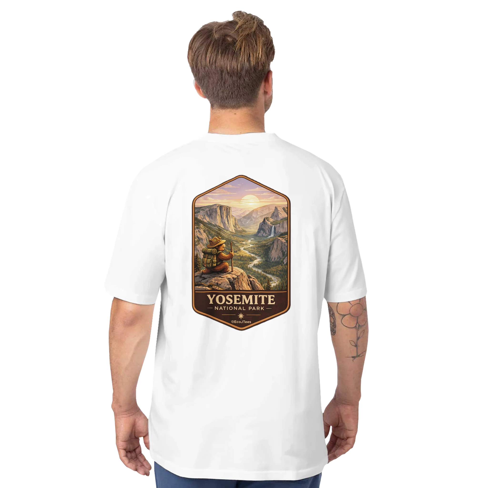 Person wearing a white t-shirt with Yosemite National Park graphic on the back