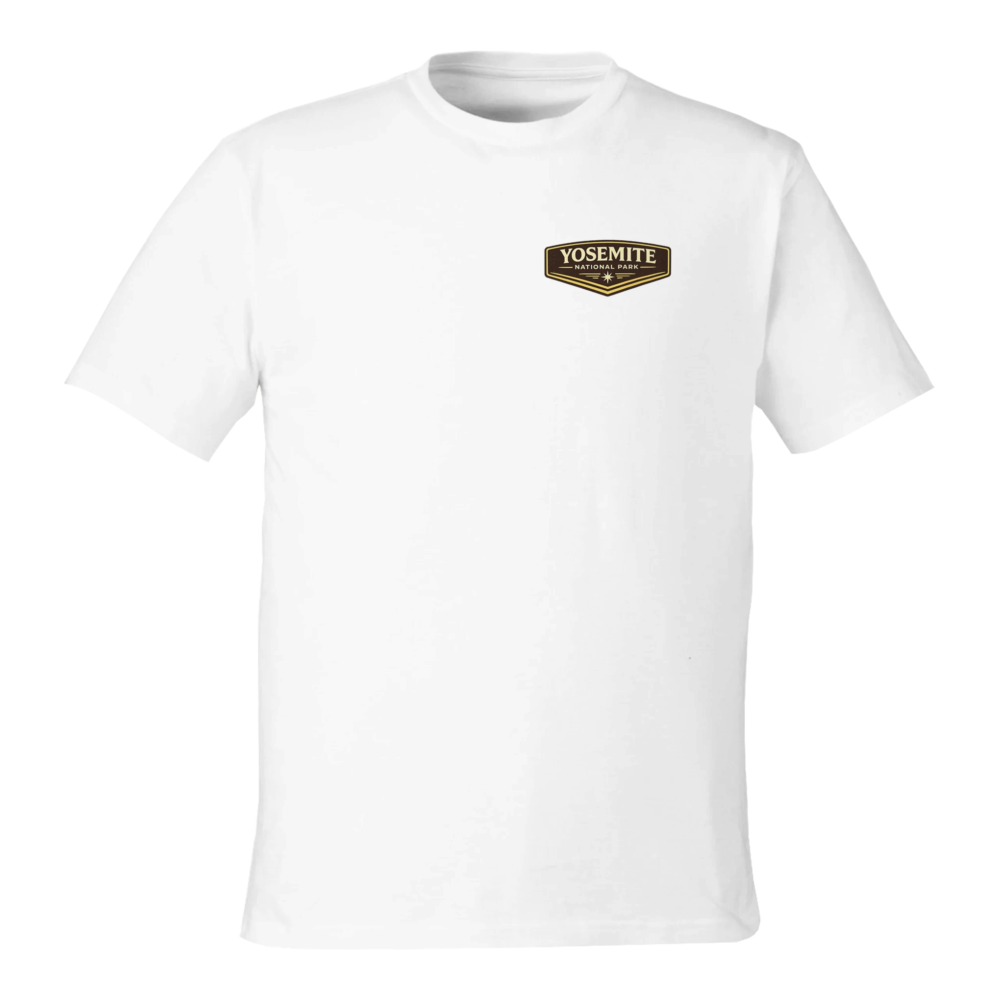 White t-shirt with a Yosemite logo on a white background