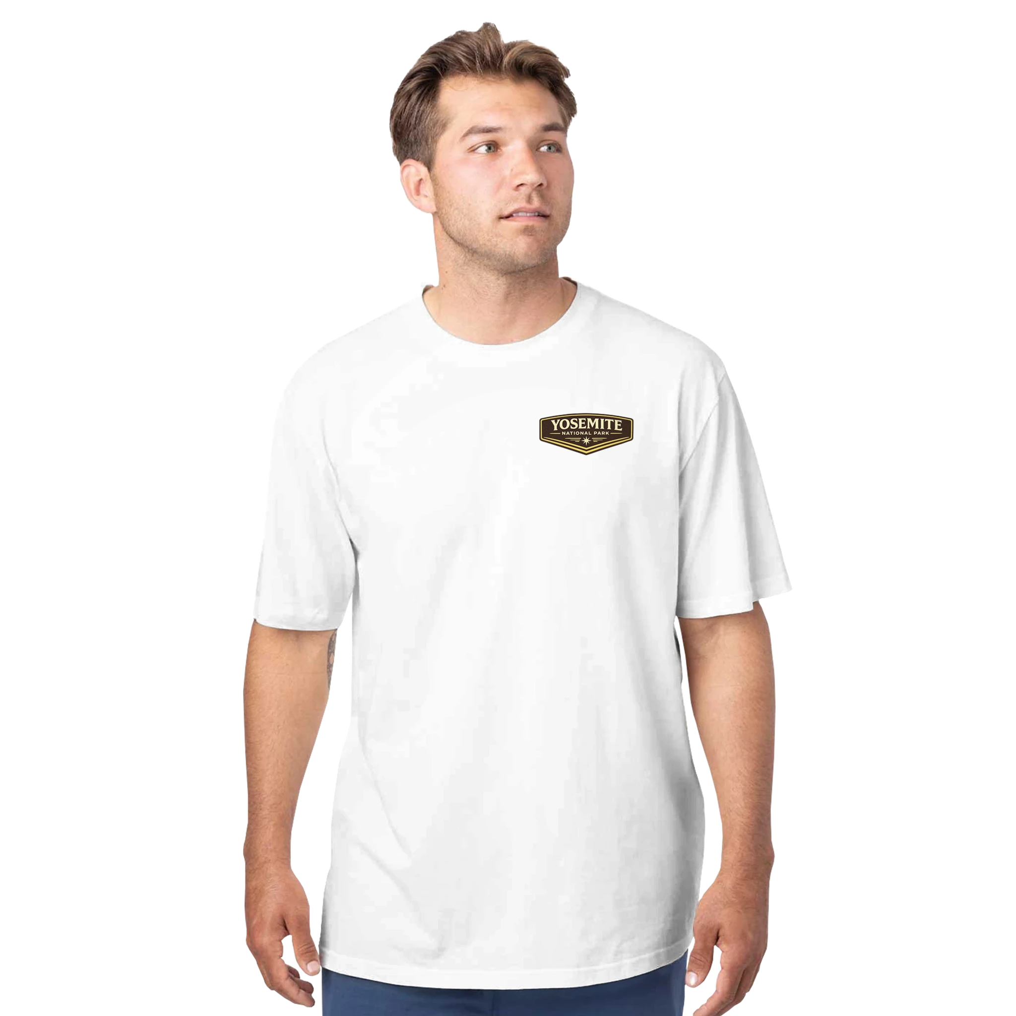 Man wearing a white t-shirt with a logo on a white background